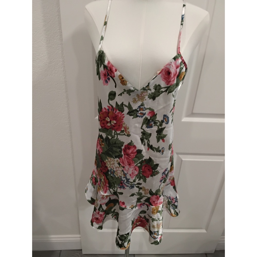 Sedu Nightgown‎ Floral Print White Satin Ruffle Slip Dress Women's S